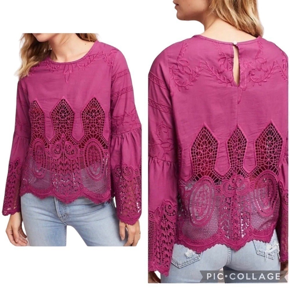 Chloe Oliver Pink Bell Sleeve Crochet Lace Embroidered Boho Top Magenta